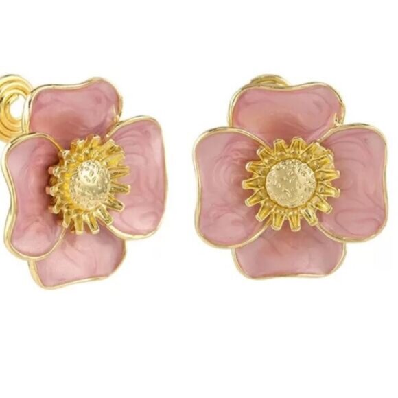 Pink flower stud earrings A825 - Picture 2 of 5